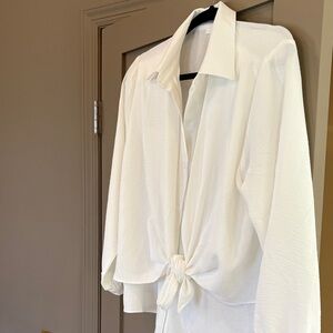 White Button-Up Tie Front Blouse